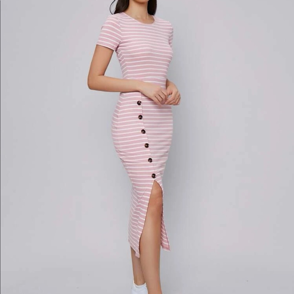 Buttoned Front Split Hem Striped Dress - image 3